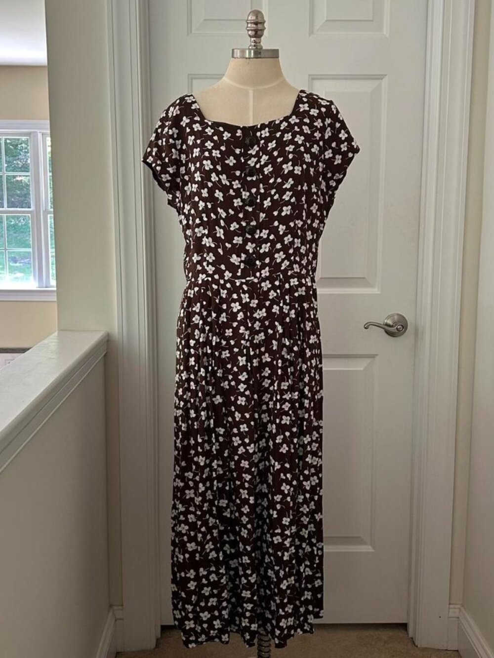 Coldwater Creek brown floral midi dress with button front and cap sleeves.
